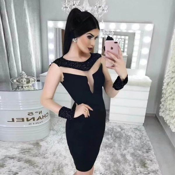 

casual dresses mesh long sleeve black bandage dress fashion o neck bodycon knee length celebrity cocktail party vestidos wholesale, Black;gray
