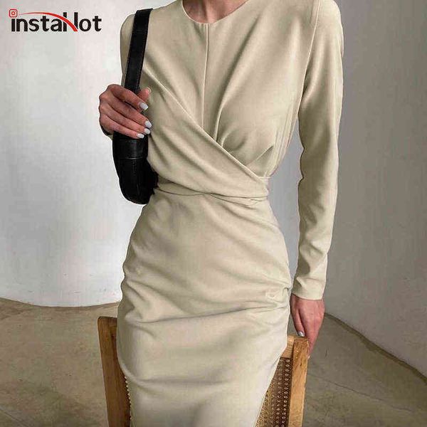 

instaelegant women's dress round neck long sleeve draped knee-length straight dresses 2021 autumn solid casual office lady g1223, Black;gray