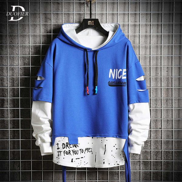 

oversized men's hoodies men ripped patchwork hip hop japanese streetwear harajuku blue hoodie men sweatshirt male 210603, Black