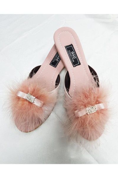 

slippers women's beads without heels furry dowry 171 powder, Black