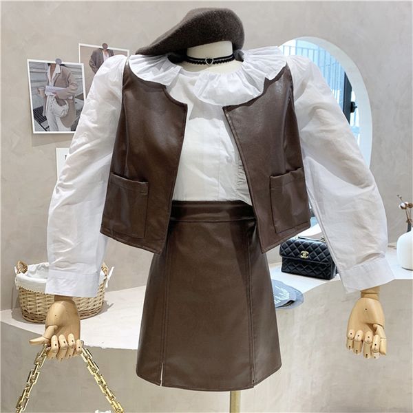 

casual dresses women's clothing autumn british style pu leather vest + thin skirt ruffled shirt three-piece trend yphg, Black;gray