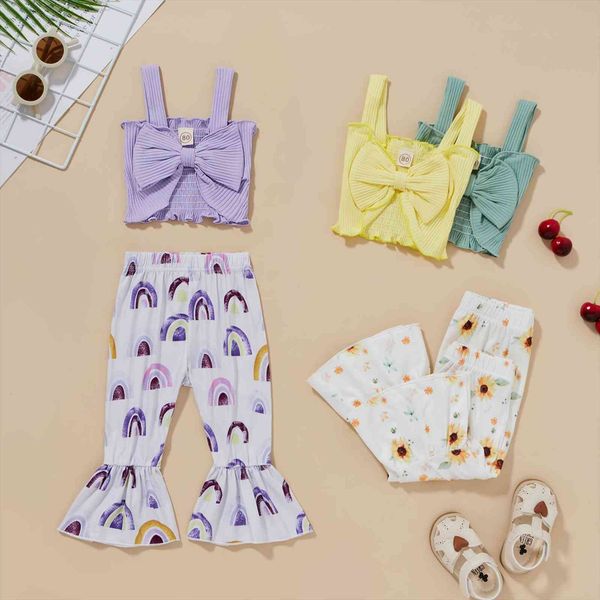 

girls camisole and trousers suit fresh solid color bow suspender printing trumpet pants 6m 4t, White