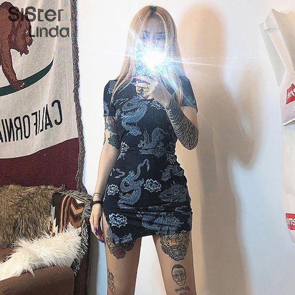 

fashion dragon print bodycon mini dress women short sleeve hollow out cheongsam dresses 2021 vestidos dress mujer, Black;gray