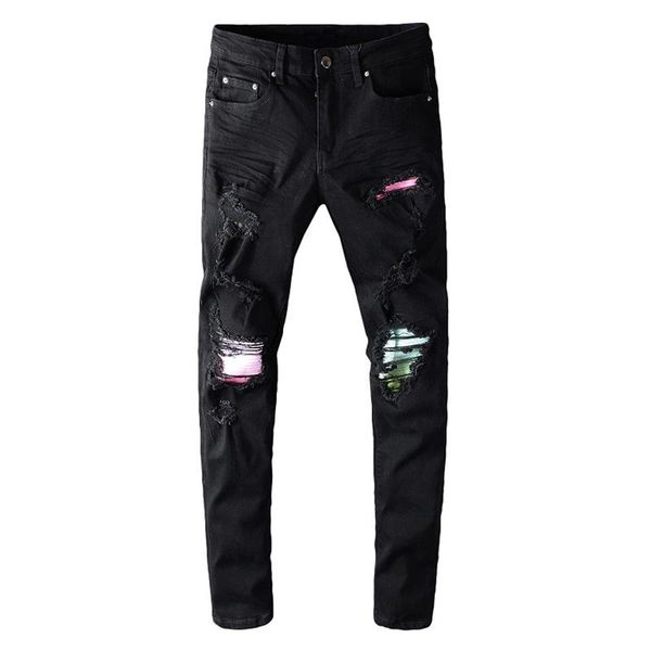 

men's jeans gzdeerax luxury colored pleated patchwork black biker streetwear slim skinny ripped stretch denim pants plus size 40, Blue