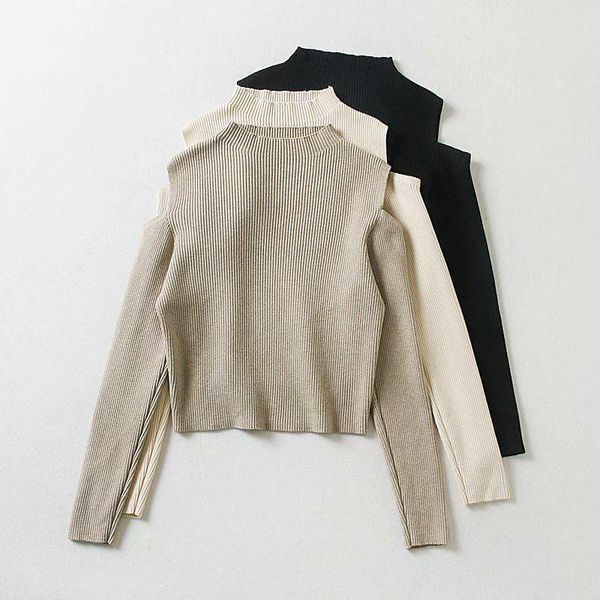 

women's sweaters spring and autumn sweater casual solid color round neck long sleeve off-shoulder, White;black