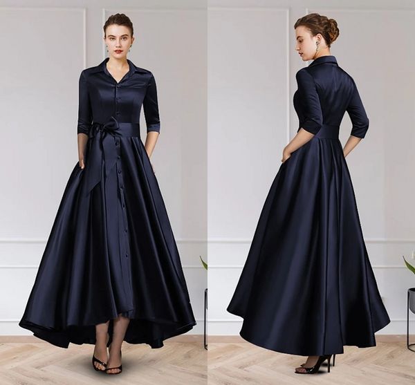 

navy blue buttons a-line evening guest dresses plus size elegant vintage v neck ankle length satin prom formal gown 2022 robe de soiree vest, Black;red