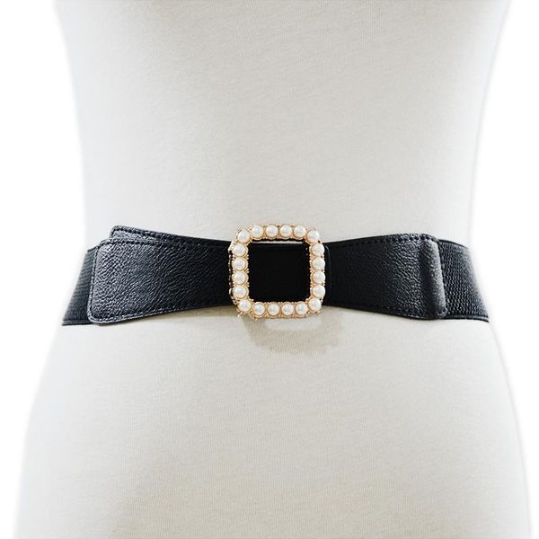 

belts belt women stylish waist ladies narrow elastic pearl button simple seal grade chic easy waistband, Black;brown