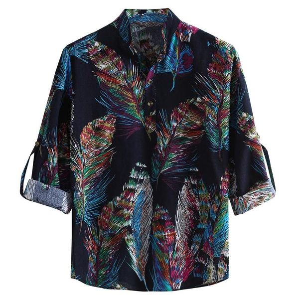 

beach style casual shirts mens cotton linen flower long sleeve for spring social men tshirt, White;black