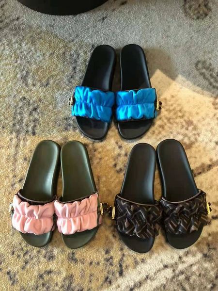 

women's flat slippers satin material gold logo anti knot and drawcord factory wholesale size 35-43, Black