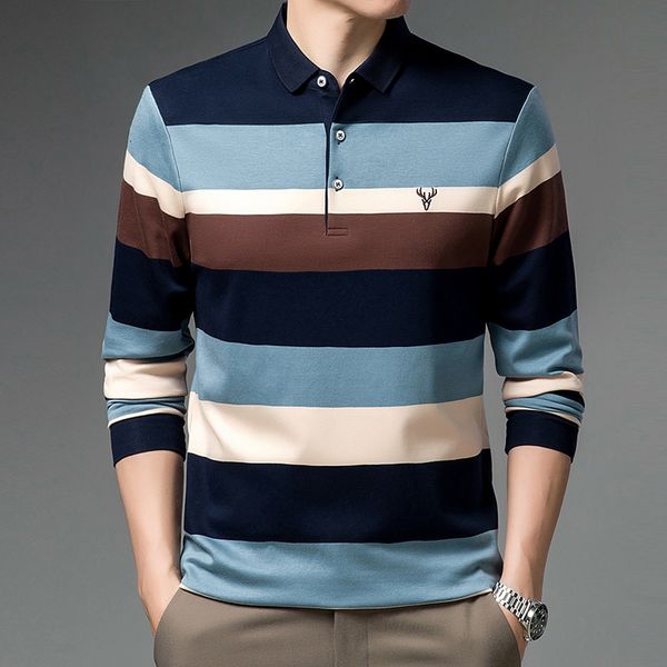 

men's t-shirt long sleeve middle-aged young leisure lapel stripe loose bottomed shirt spring and autumn men's wear, White;black