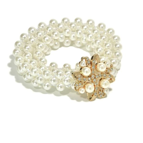 

belts women flowers design belt metal pearl rhinestone clasp front stretch waistband gold elastic waist chain, Black;brown