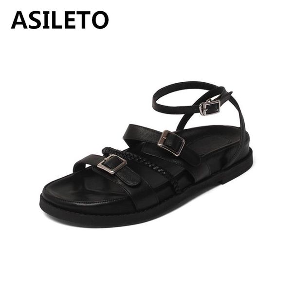 

sandals asileto celebrity women flat genuine leather thick sole buckle strap platform chunky comfort rome gladiator shoe 34-40, Black