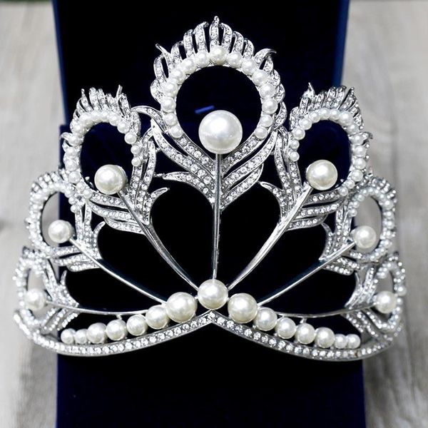 

hair clips & barrettes arrival big size pageant full round silver color pearl feather shining rhinestone tiara crown headwear accessories ml, Golden;silver