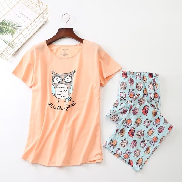 

new summer women pajamas cotton cute print owl pajama set + capris elastic waist plus size 3xl lounge pijamas s92904 210305, Black;red
