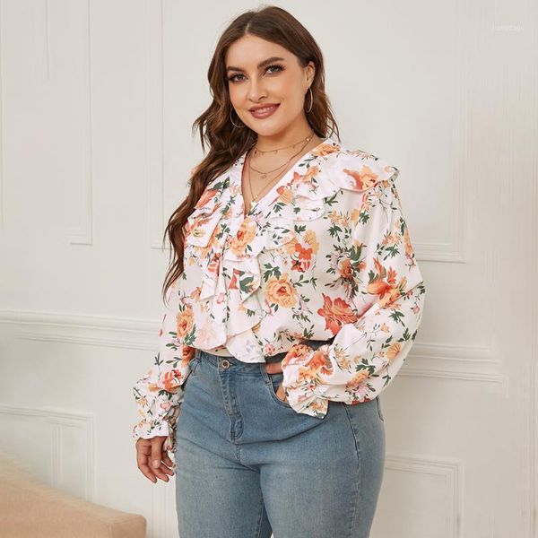 

plus size t-shirt fridayin 2021 long-sleeved autumn/winter women printed ruffled loose v-neck shirt ladies woven casual, Black