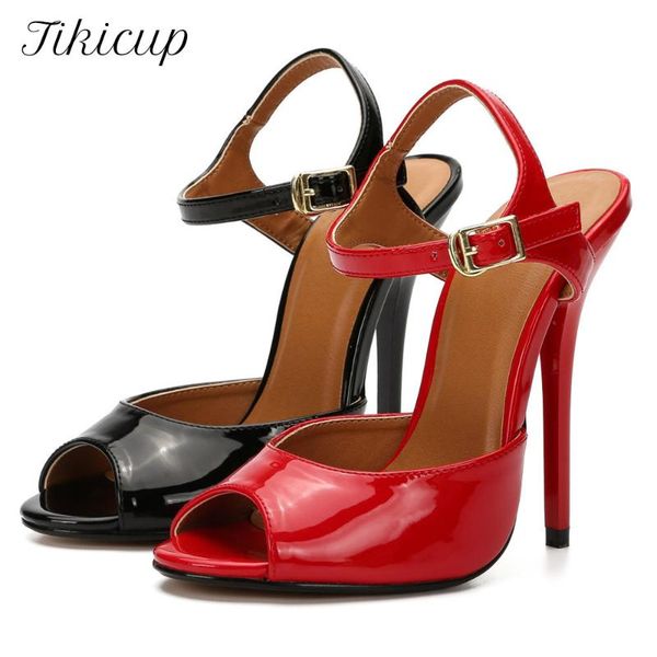 

tikicup 13.5cm/5" super high heel women peep toe sandals summer ladies ankle strap stilettos pumps dress shoes large size 37-48, Black