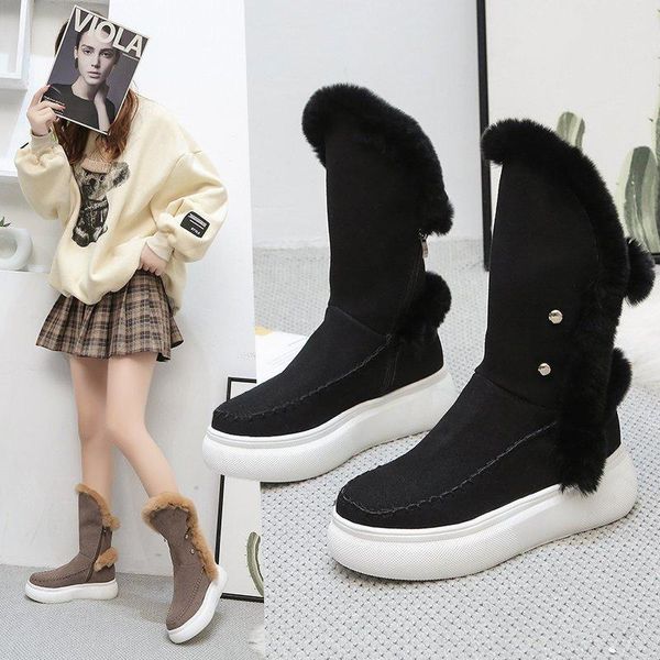 

boots 2021 cow suede platforms flats snow women mid-calf autumn winter warm shoes woman chain fashion casual, Black