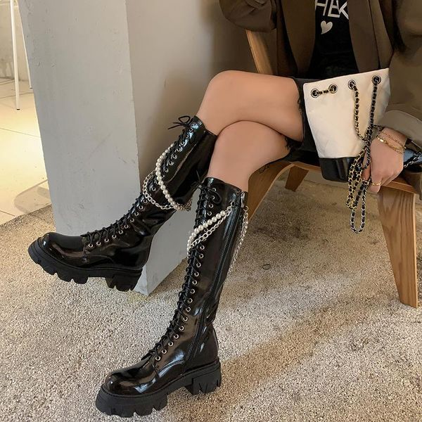 

boots 2021 winter first layer cowhide cross strap round head knight pearl detachable, Black
