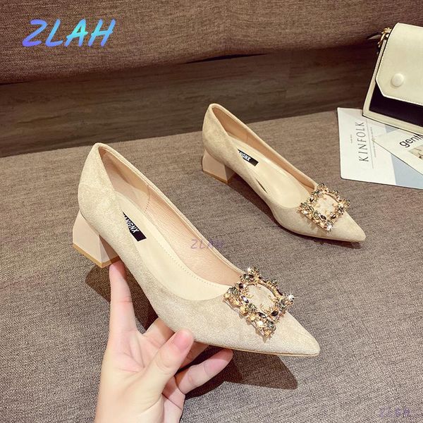 

dress shoes metal decorative women's high heels zlah ladies mid-heel party square heel pointed non-slip, Black