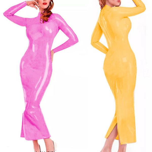 

casual dresses ladies retro high neck pvc long dress performance clubwear ankle length skinny vestido wet look mermaid, Black;gray