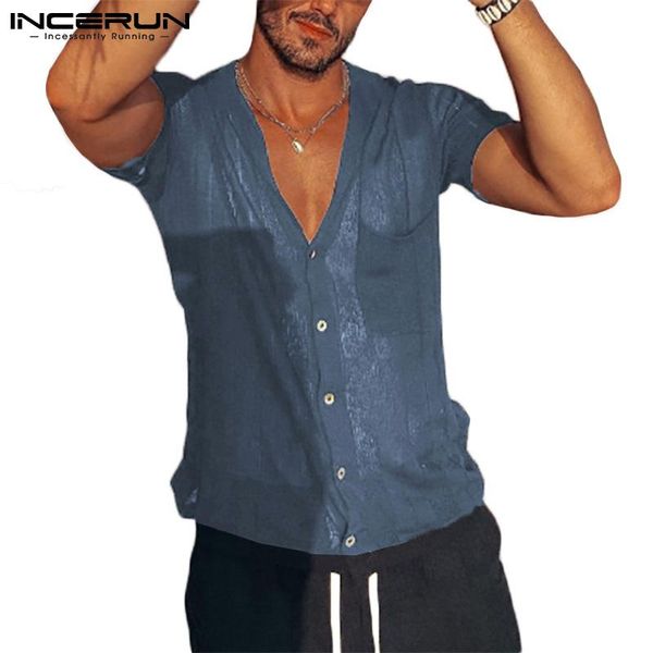 

men's casual shirts 2021 men shirt v neck button streetwear see through pockets short sleeve camisas hombre summer thin s-5xl incerun, White;black