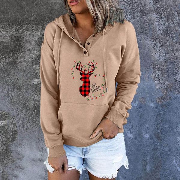 

women's hoodies & sweatshirts women christmas print casual pullover button down drawstring hooded pocket long sleeve natal, Black