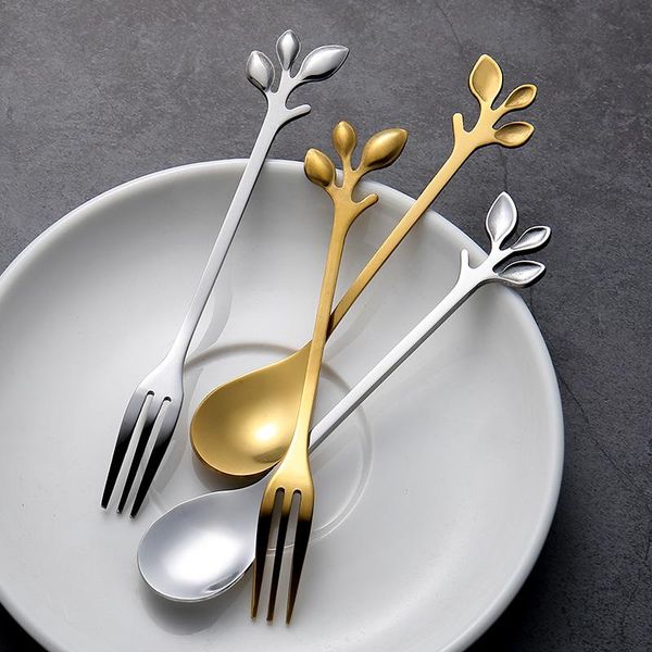 

spoons 2pcs branches shape coffee stainless steel ice cream fork creative teaspoons tableware bar tool cutlery