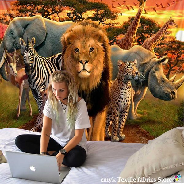 arazzo con leone animali della prateria africana Cartoonwall appeso telo mare sottile coperta in poliestere yoga 210609