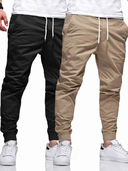 

men 2pcs drawstring waist slant pocket pants 97sw#, Black
