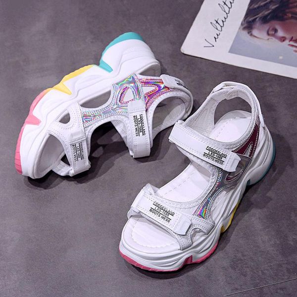 

white hook & loop thick bottom laser retro casual sandals designer peep toe flat rainbow sole shoes hollow out sports shoes, Black