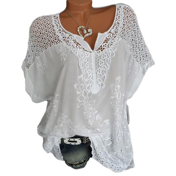 

fashion loose v neck hollow out embroidery shirt ladies casual summer short sleeve short sleeve blouse womens clothing plus size, White