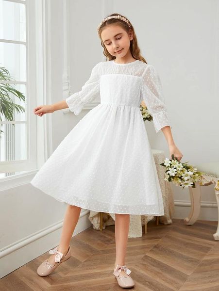 

girls flounce sleeve swiss dot chiffon dress she, Red;yellow