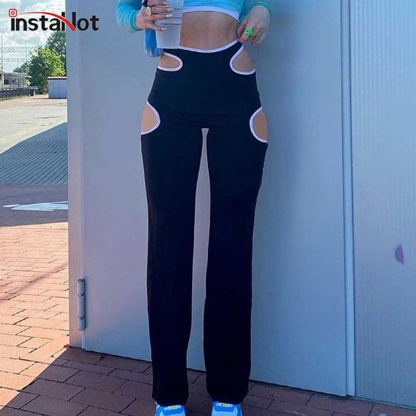 

women's pants & capris insta women hollow out casual straight pant club splice streetwear trousers vintage 2021 autumn high waist black, Black;white