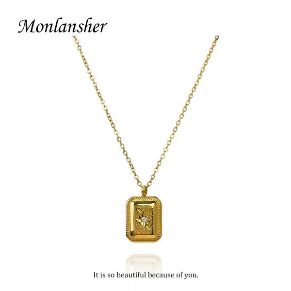 

pendant necklaces monlansher carve twist square zircon eight-pointed star necklace titanium steel chain vintage jewelry, Silver