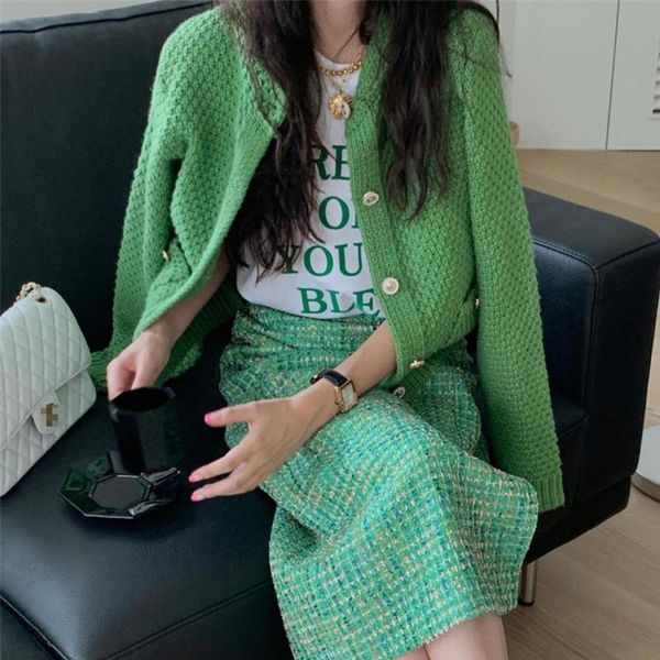 

women's knits & tees retro green cardigan women fashion round collar buttons up casual sweaters sweet pocket rough pattern jumpers fema, White
