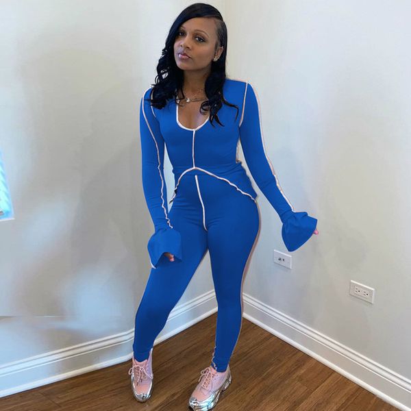 

2 piece sets women v-neck and stacked pants tracksuit outfits autumn long sleeve patchwork sporty overalls, White