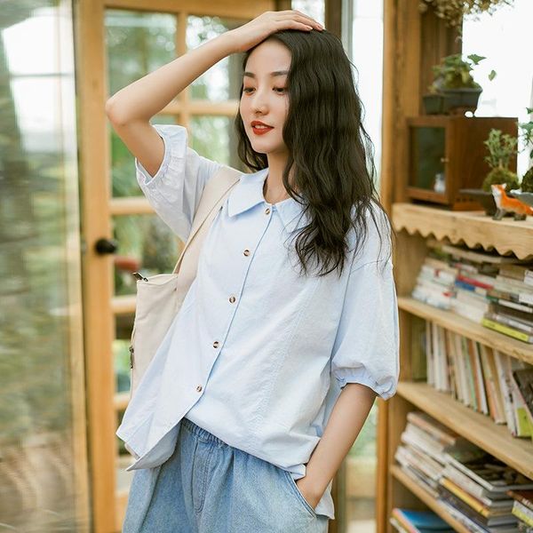 

women's blouses & shirts fairynatural ladies korean style and 2021 summer button women casual short sleeve solid color, White