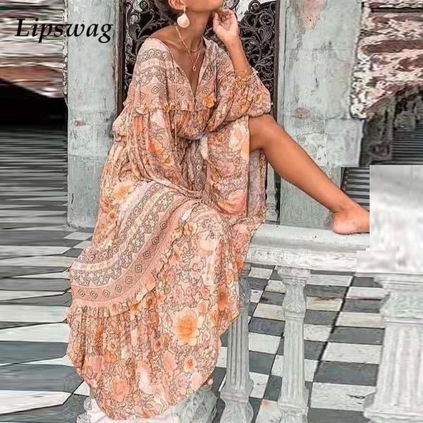 

tassel v neck ruffle women long dress spring autumn long sleeve lady party dress vintage floral print boho loose maxi dresshigh quality, Black;gray