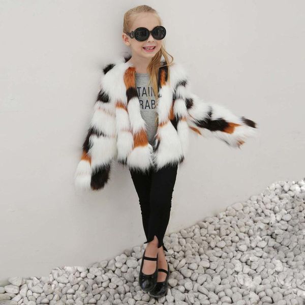 

jackets kids girls faux fur jacket winter baby coat fleece long sleve patchwork thicken warm children outerwear toddler clothes, Blue;gray
