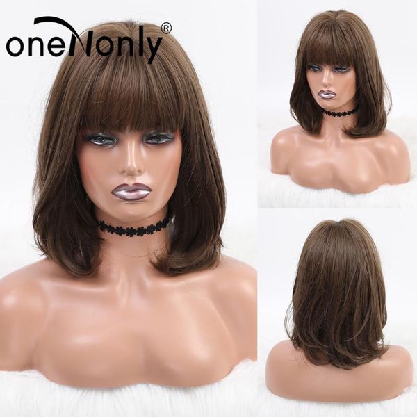 

synthetic wigs onenonly ombre brown bobo hair wig with bangs for black women glueless heat resistant natural