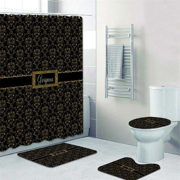Luxus Schwarz Gold Damast Duschvorhang Bad Vorhang Set Golden Wunderschöne Damast Muster Badezimmer Vorhang Matte Toilette Home Decor 211116