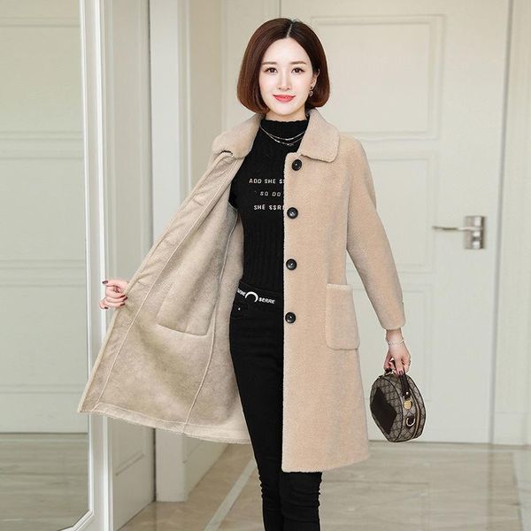 

women's fur & faux women winter real lamb coat single-breasted fashion sheep shearling jacket ladies thick warm casual wool outerwear x, Black