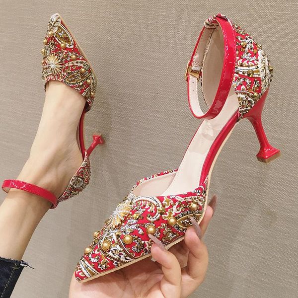 

dress shoes upscale wedding crystal rivets pointed toe women sandals thin high heels buckle band cover femmes sandales2021, Black