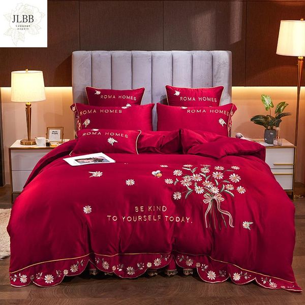 

bedding sets luxury daisy floral embroidery silkly set washed silk double duvet cover lace thick bed skirt linen pillowcases
