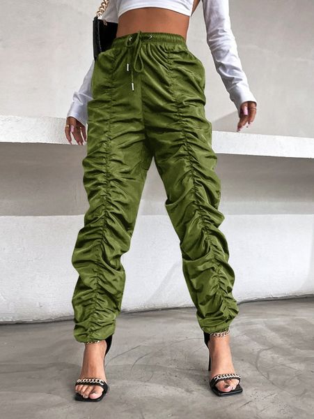 

solid ruched drawstring stacked pants j99g#, Black;white