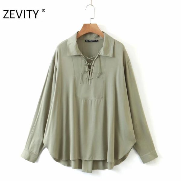 

zevity women vintage turn down collar bandage solid loose smock blouse lady safari style chic blusas femininas shirt ls7095, White