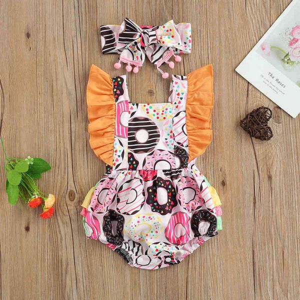 

pudcoco 2pcs baby girl doughnut print outfits, tie-up ruffled square collar fly sleeve romper + bowknot headband with pompoms g220223, Blue