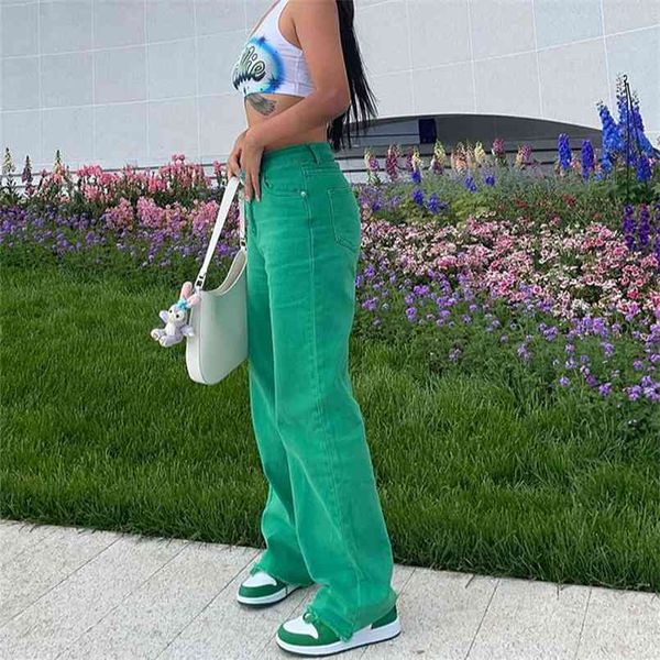 jeans tinta unita ragazza streetwear moda abbigliamento verde slim gamba dritta pantaloni hip-hop mamma 210809
