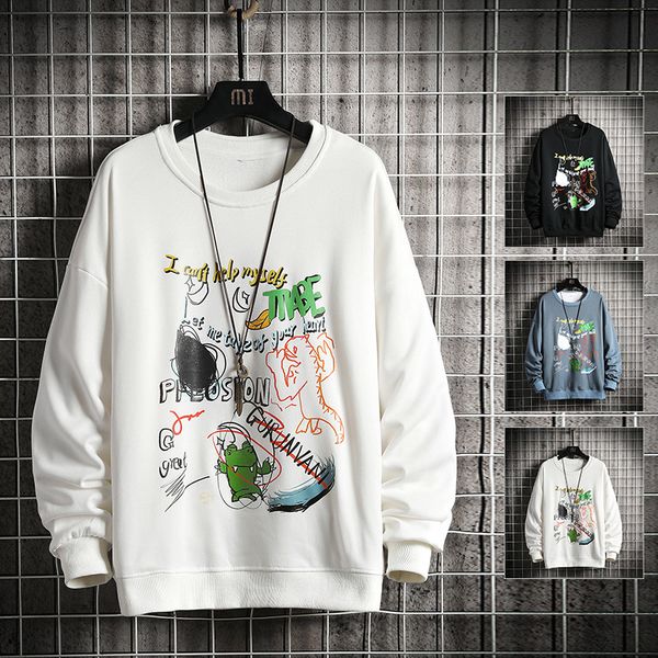 

2021 new men spring dinosaur embroidery pullovers sweatshirts mens 4 colors o-neck hoodies male fashion korean sweatshirt d1dh, Black