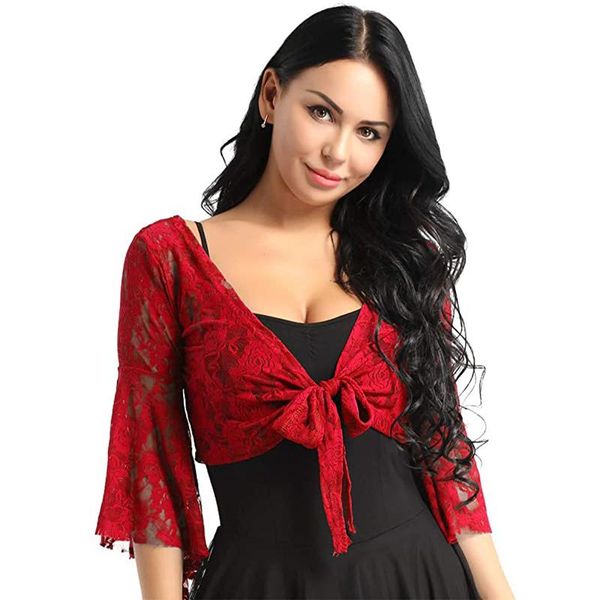 

women's jackets floral lace butterfly flare sleeve lightweight blouse cardigan sheer shrug tie open front rose pattern choli, Black;brown